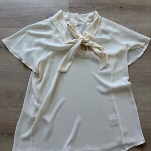 Cream Short Sleeve Tie-Neck Blouse